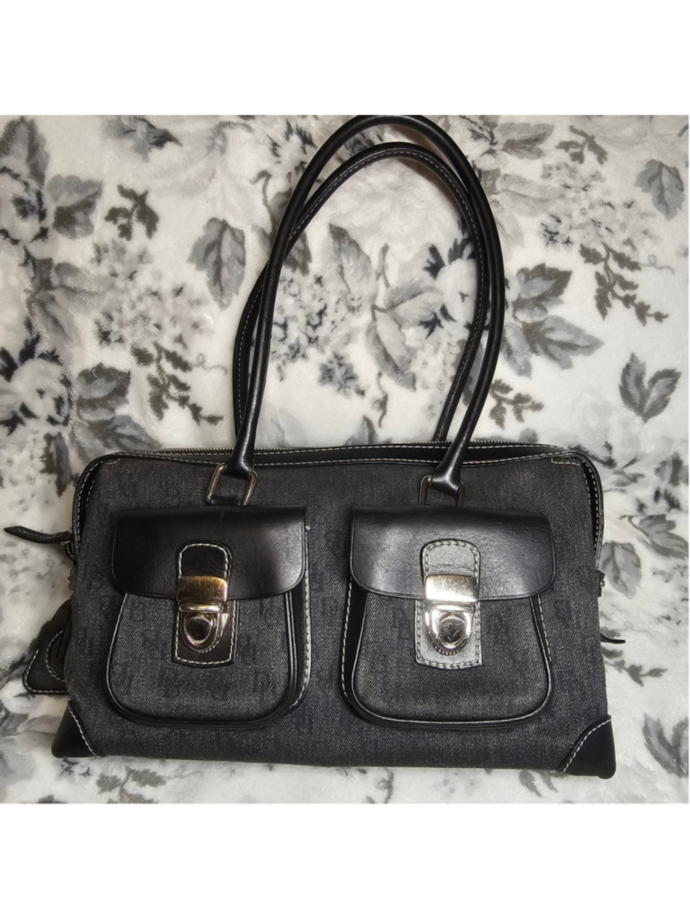 Dooney & Bourke Black Denim Monogram Canvas Leather Trim Shoulder Bag - Picture 1 of 11